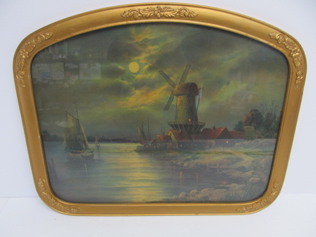 lot 187 image: Antique 1920s Framed Harbor Scene Windmill Print