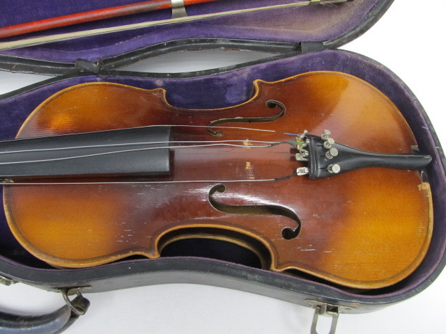 lot 194 image: Antique Stradivarius Copy Violin wCase & 2 Bows
