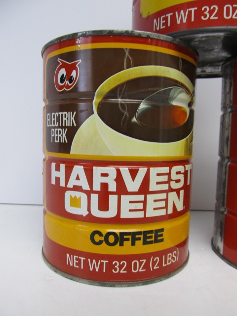 lot 206 image: 3 Vintage RED OWL Harvest Queen Metal Coffee Cans