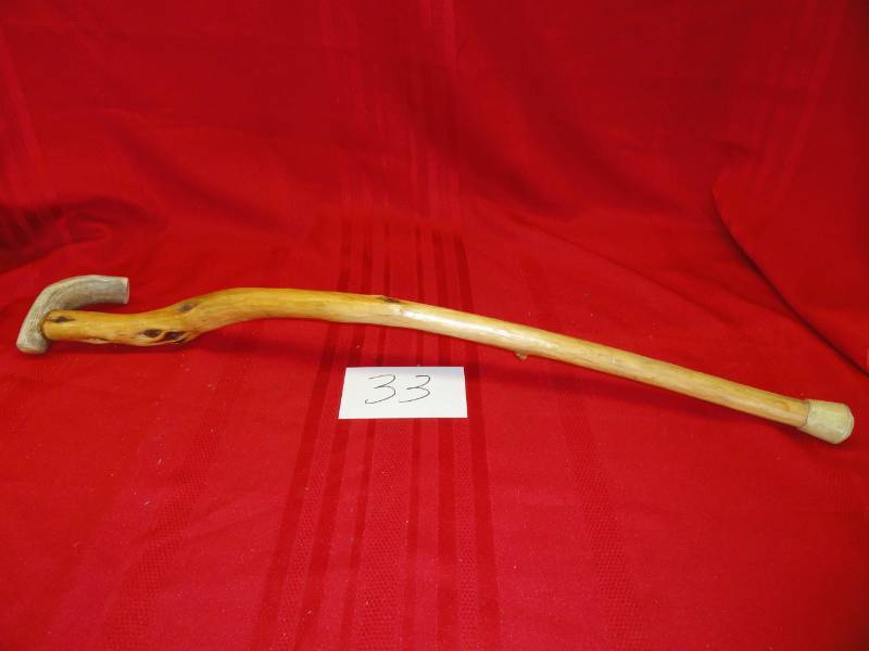 lot 33 image: Hand Carved Walking Cane with Antler Handle