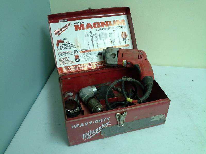 lot 2033 image: Milwaukee Heavy Duty Mangum Right Angle Drill, Accessories, Metal Case