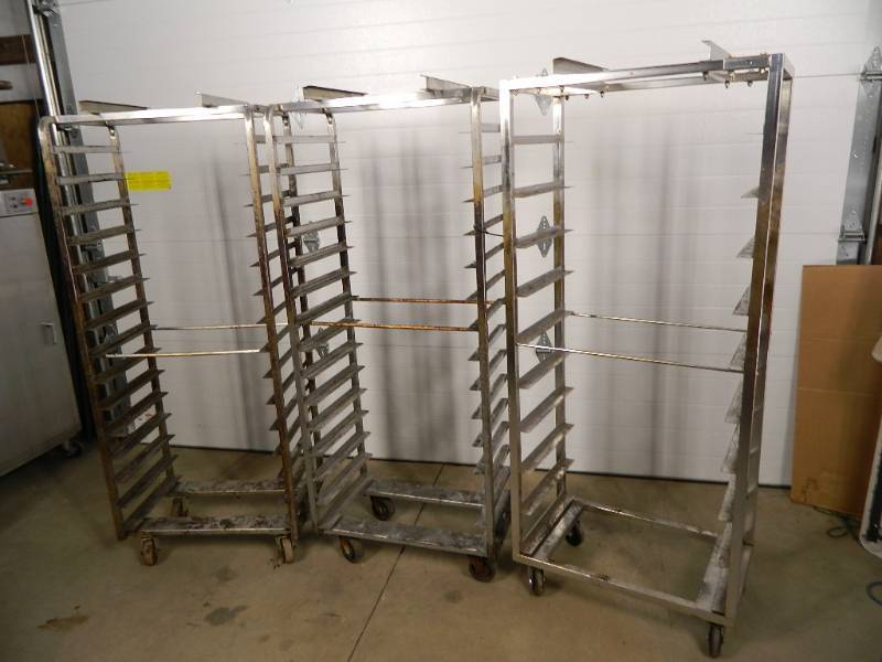 lot 99 image: 3 Stainless Sheet Pan Carts  Baking Racks