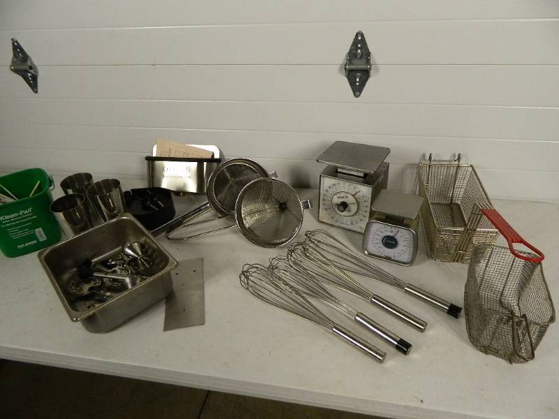 lot 128 image: Scales, Utensils, Bartending Supplies, Fryer Baskets, Etc