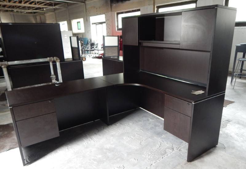 lot 55 image: Large L Shaped Wood Office Desk with Hutch