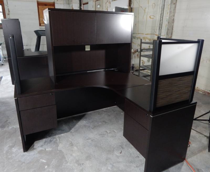 lot 56 image: L Shaped Wood Office Desk with Hutch and Dividers