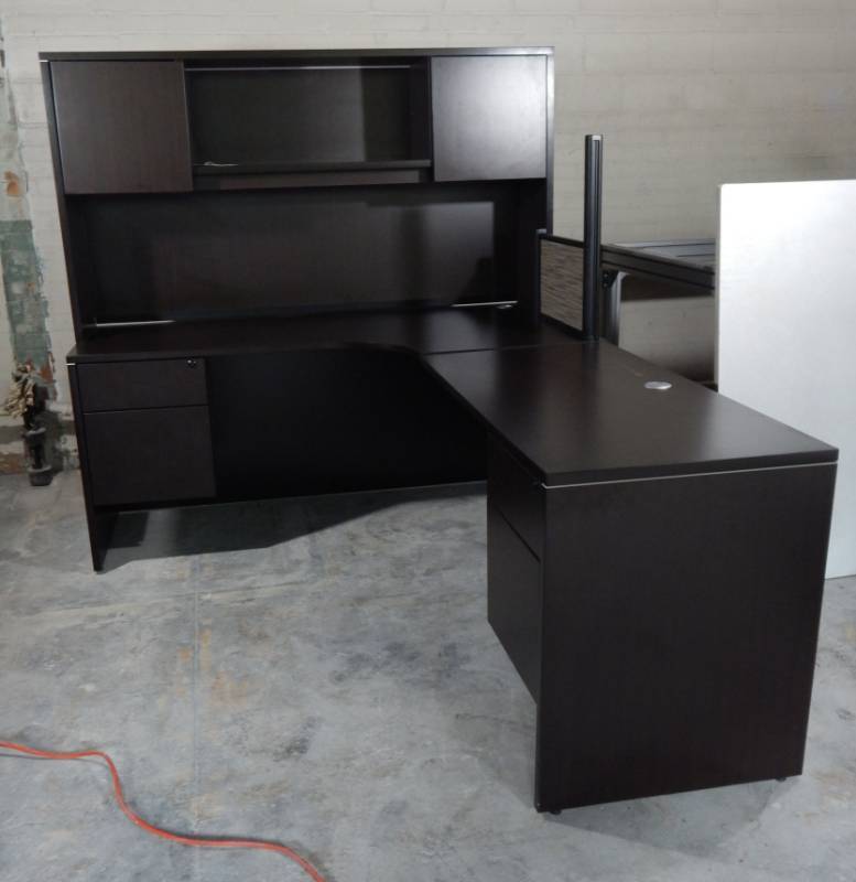 lot 57 image: Large L Shaped Wood Office Desk with Hutch