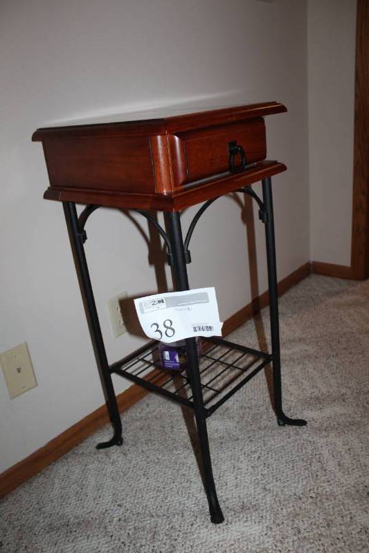lot 38 image: Wood Side Table with Metal Frame, Single Drawer and Lower Shelf