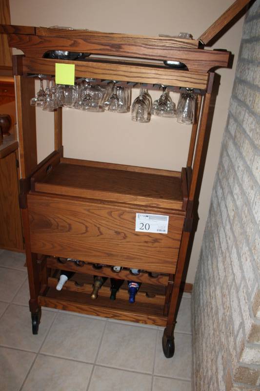 lot 20 image: Solid Oak Wood Rolling Buffet, Wine Rack, Serving Area, Glassware