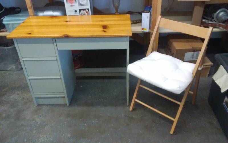 Vintage 1970 Hand Made Student Desk With Knotty Pine Top & Folding Chair