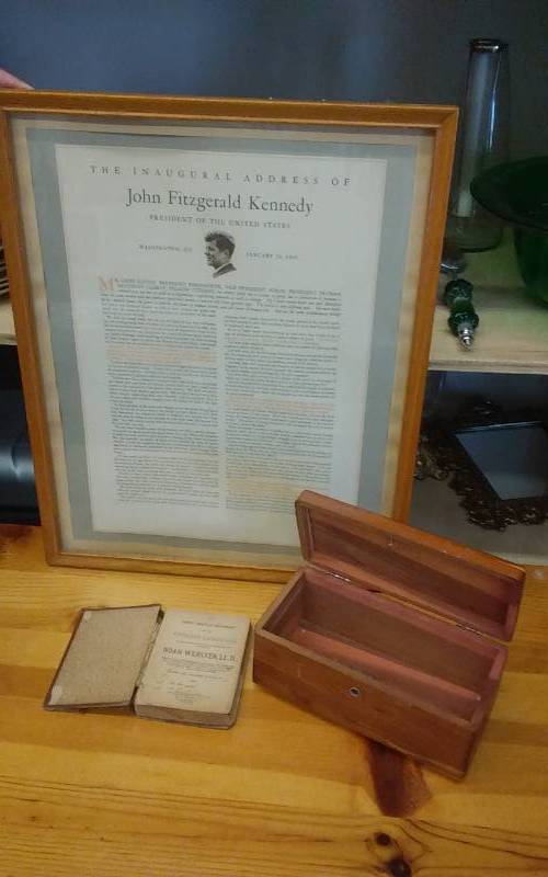 Framed JFK Inaugural Address 17x21, Lane Cedar Stash Box, Antique Dictionary 1872