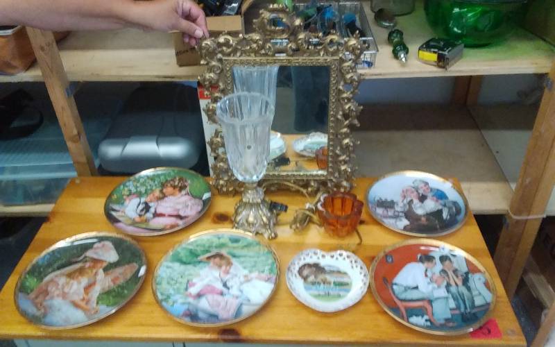 Ornate Frame Mirror 13x17, Crystal Lamp, Gold Rim Collector Plates
