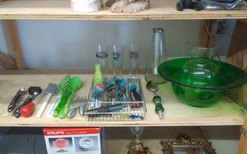 Shelf Of Kitchen Misc., Big Green Glass Bowl & Jumbo Spoon, Vikings Beer Pilsners, Utensils, More