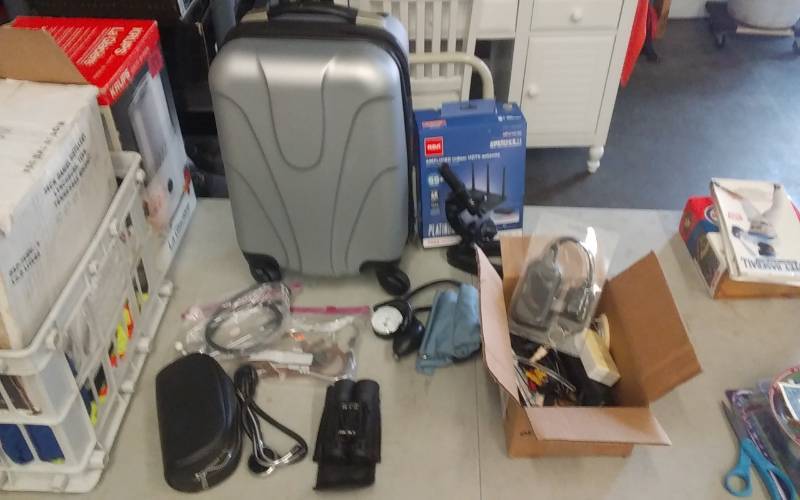 Small Rolling Suitcase With Misc.-Blood Pressure Cuff, Binoculars, Antenna, Remotes, More