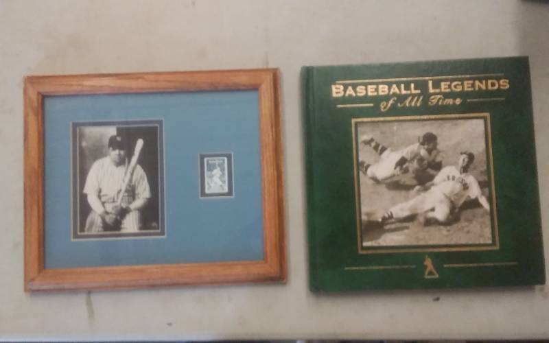 Framed Babe Ruth Photo & Stamp, Baseball Legends Book