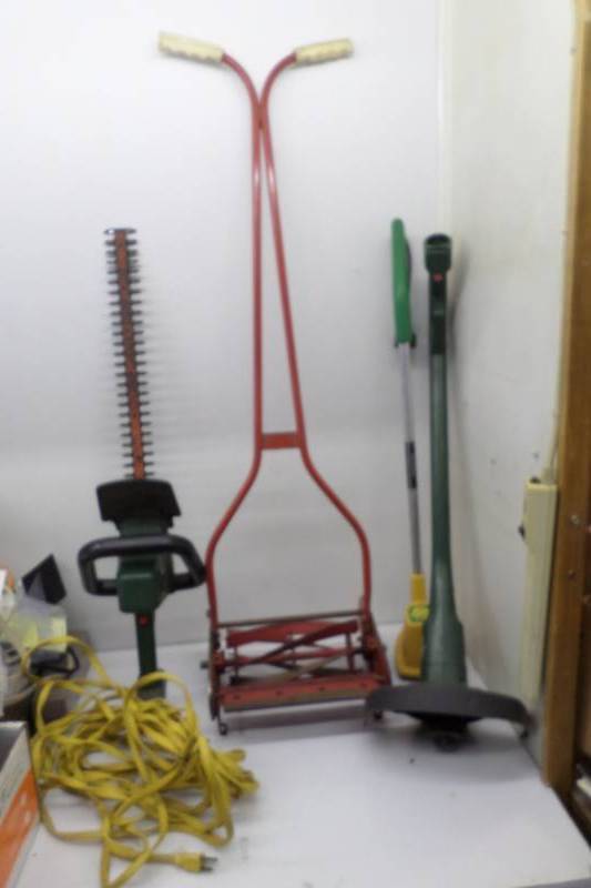 Vintage Push Mower, Black and Decker Hedger-Works, and Two Weed Wackers