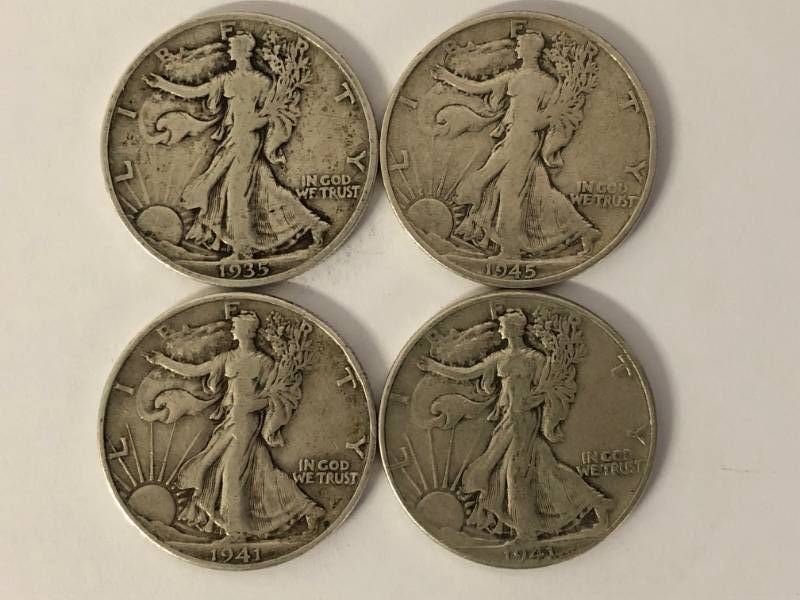 4 Walker Liberty Halves 1935, 1941, 1941-D, 1945