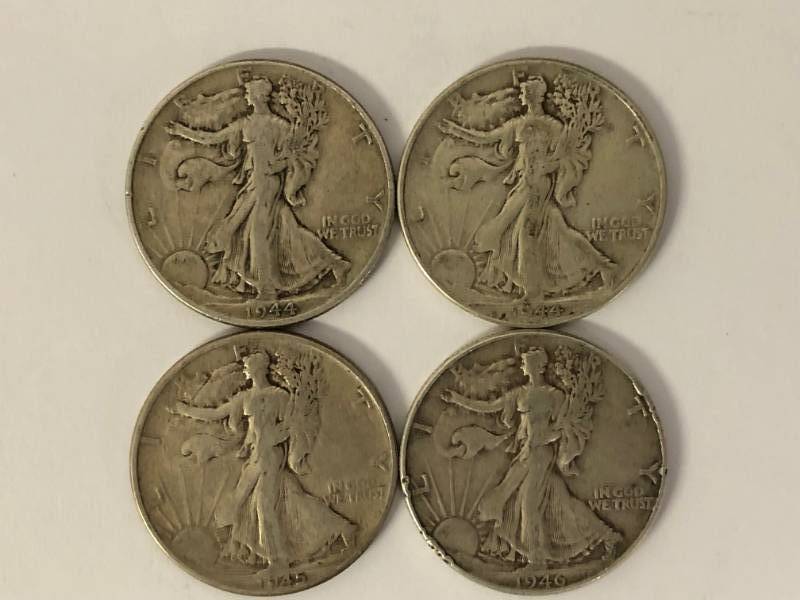 4 Walking Liberty Halves 1944, 1944, 1945, 1946