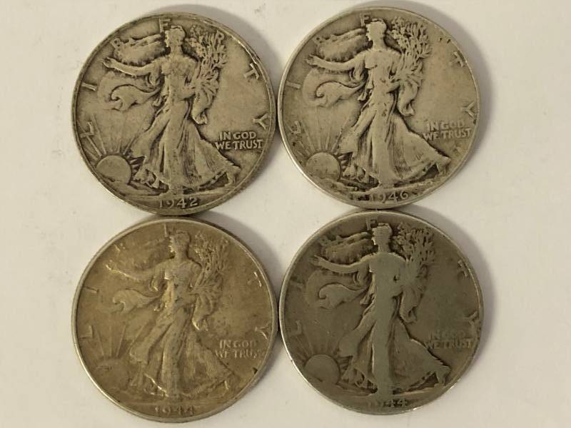 4 Walking Liberty Halves 1942, 1946, 1944, 1944