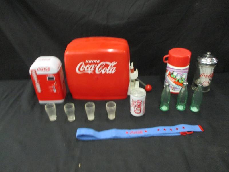 Old Coca Cola Drink Server, Glasses, Thermos, Salt and Pepper, Belt, Straw Holder andMore