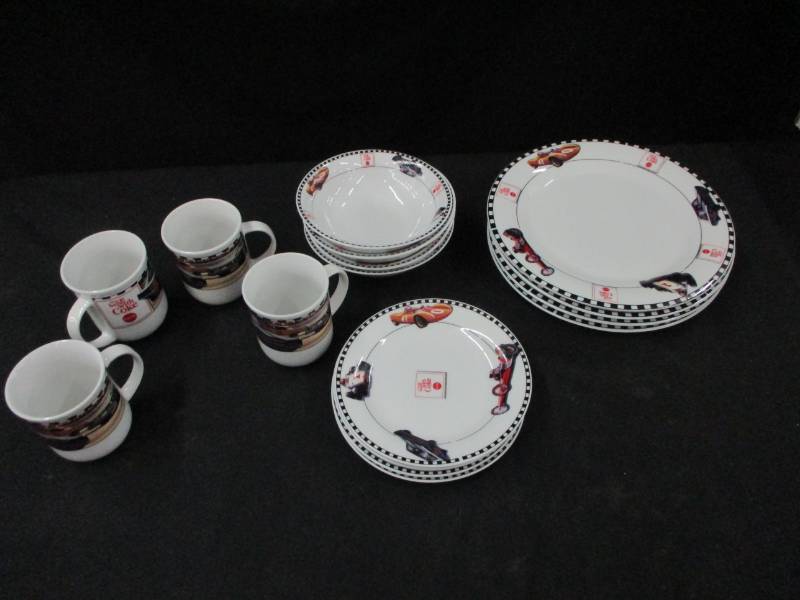 16 Piece Coke Dishes with Racecars on them