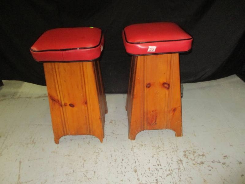 2 Unique Wood Stools with Leather Seats