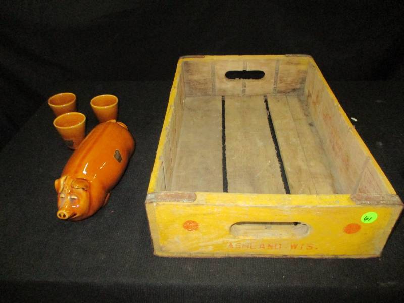 Coca Cola Crate and Pig Decanter with Shot Glasses