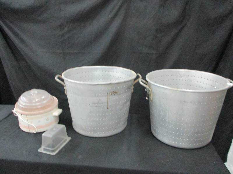 Large Stainless Steel Strainers with Handles and a crockpot and more