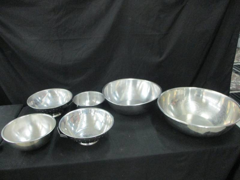 2 Large Stainless Steel Bowls one a bit smaller, Strainer and more
