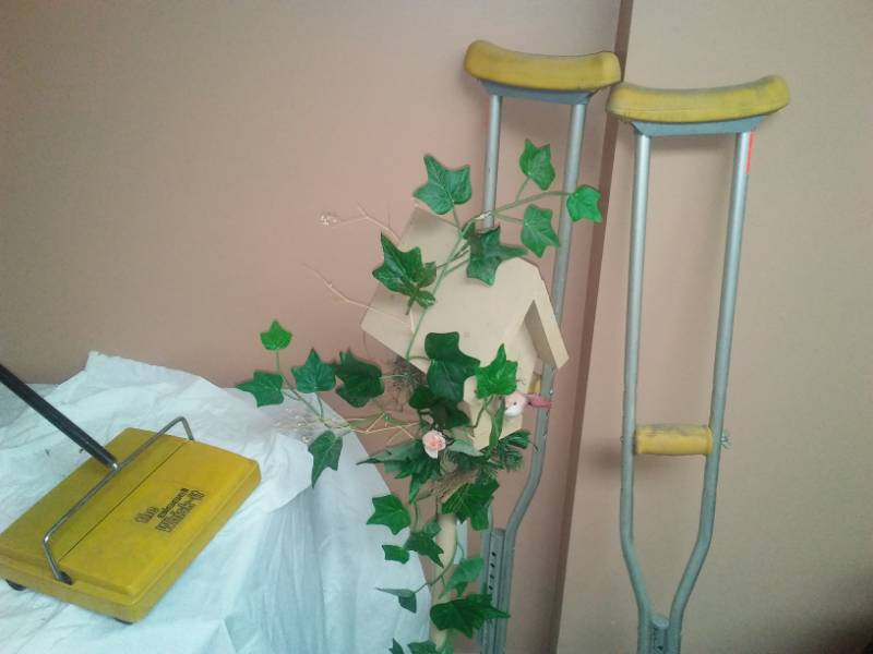 lot 94 image: Miscellaneous crutches, birdhouse Decor, floor sweeper, Bissell biscuit - works well