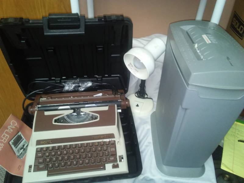 lot 173 image: Paper shredder, Royal typewriter and lamp.