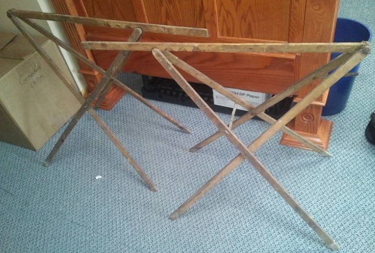 lot 273 image: Vintage collapsible wooden light weight sawhorses.