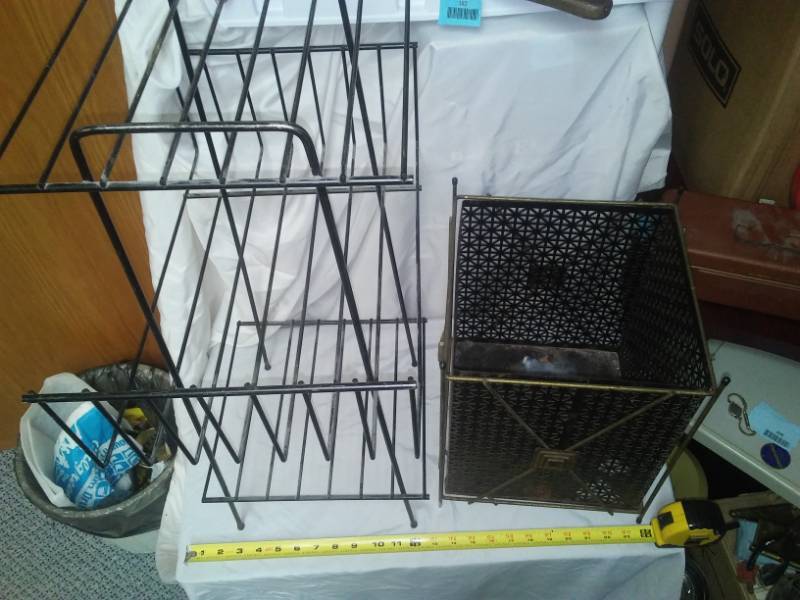 lot 208 image: Mid-century modern metal basket and table.