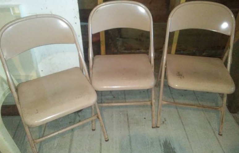 lot 229 image: 3 Church metal folding chairs, heavy duty.