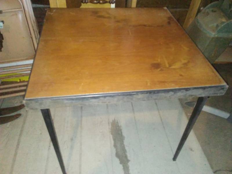 lot 233 image: Vintage wood sewing table, card table with metal legs. Amazing.