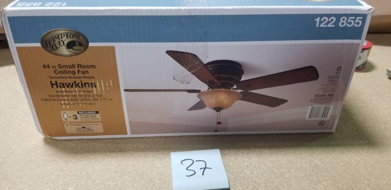 lot 37 image: Hampton Bay Hawkins 44 in. Tarnished Bronze Ceiling Fan with Light Kit in good condition