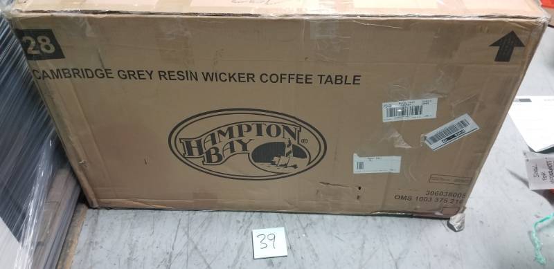 lot 39 image: Hampton Bay Cambridge Grey Wicker Outdoor Coffee Table  not used