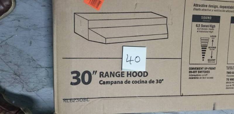 lot 40 image: NuTone RL6200 Series 30 in. Ductless Under Cabinet Range Hood with Light in Bisque in good condition