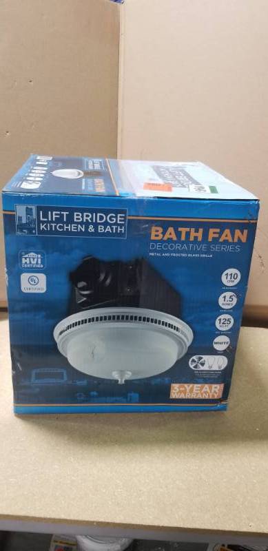 lot 51 image: Lift Bridge Kitchen & Bath Decorative White 110 CFM Ceiling Bath Fan with Light and Glass Globe not used