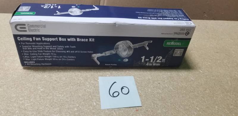 lot 60 image: Commercial Electric 15.3 cu. in. Remodel Construction Ceiling Fan Brace with 1-12 in. Box in good condition