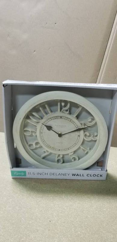 lot 61 image: 11.5 in. Delaney Quartz Antique White Wall Clock by Equity by La Crosse in good condition