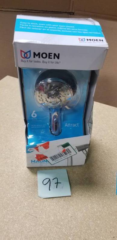 lot 97 image: MOEN Attract 6-Spray 4 in. 1.75 GPM Handheld Shower with Magnetix in Chrome USED in good condition