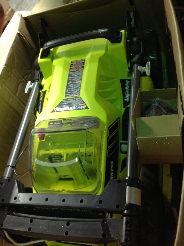 lot 105 image: RYOBI 20 in. 40-Volt Brushless Lithium-Ion Cordless Battery Walk Behind Push Lawn Mower 5.0 Ah BatteryCharger Included in good conditions