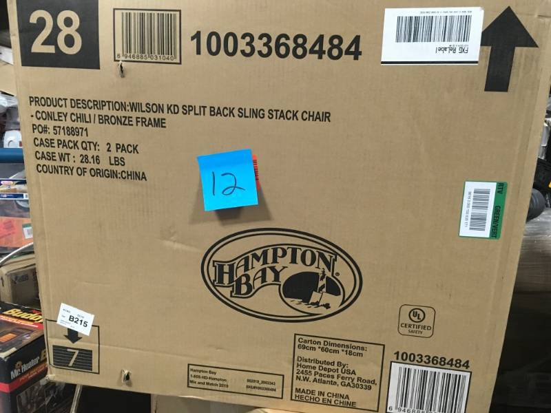 lot 12 image: Hampton Bay Mix and Match Brown Stackable Sling Outdoor Dining Chair in Chili (2-Pack) not used