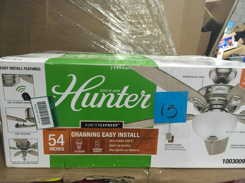 lot 15 image: Hunter Channing 54 in. LED Indoor Easy Install Brushed Nickel Ceiling Fan with HunterExpress feature set in like new condition