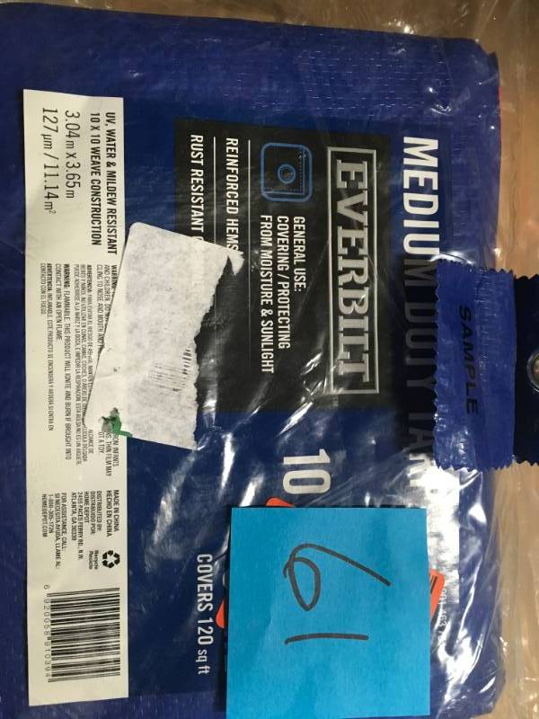 lot 61 image: Everbilt 10 ft. x 12 ft. Blue Medium Duty Tarp in good condition