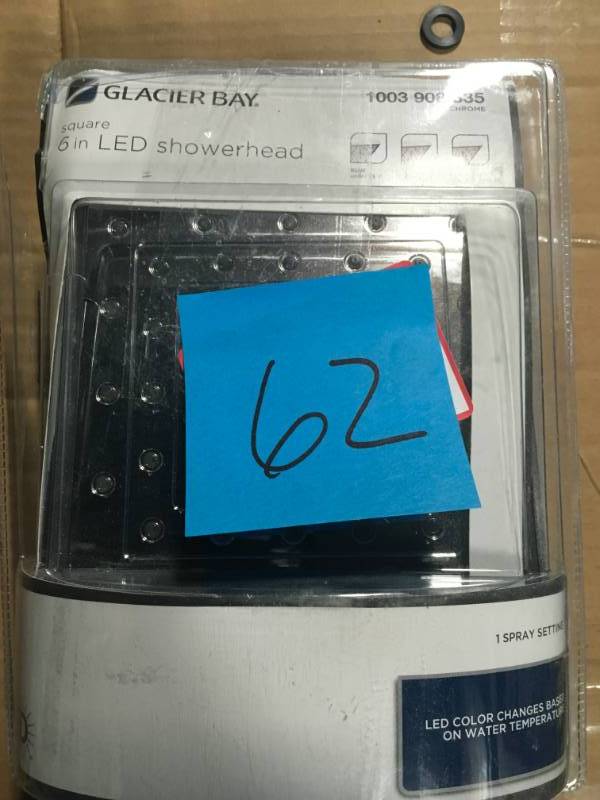 lot 62 image: Glacier Bay 1-Spray 6 in. Square LED Color Change Showerhead in Chrome in good condition