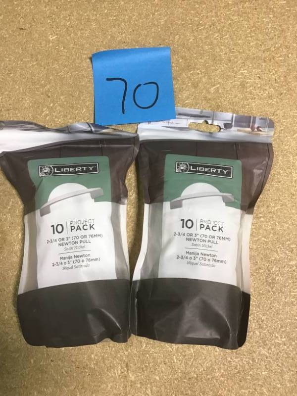 lot 70 image: Lot of 2 - Liberty Newton 2-34 or 3 in. (70 or 76 mm) Center-to-Center Satin Nickel Dual Mount Drawer Pull (10-Pack) New