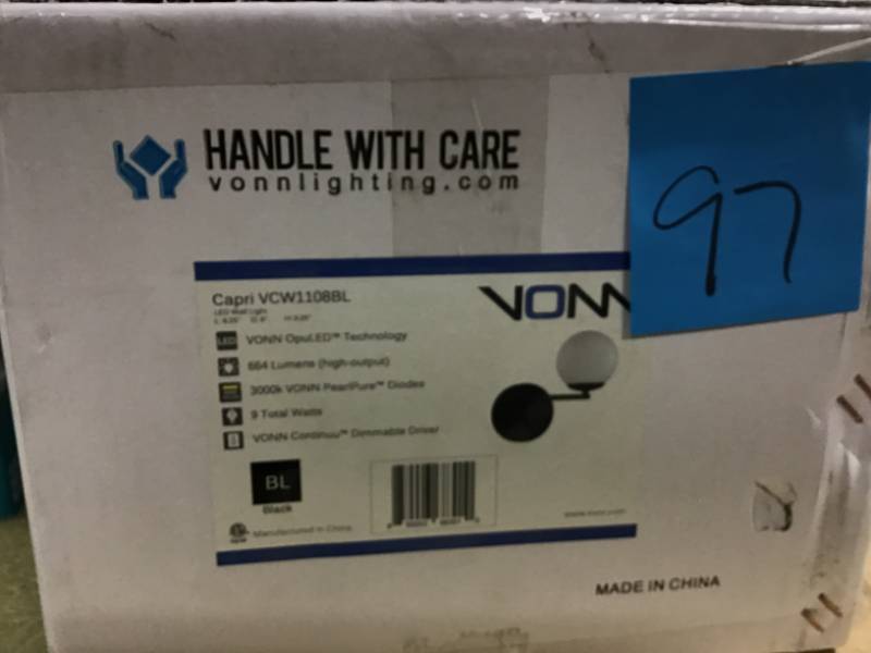 lot 97 image: VONN Lighting Capri 9.25 in. Black Integrated LED Sconce in good condition