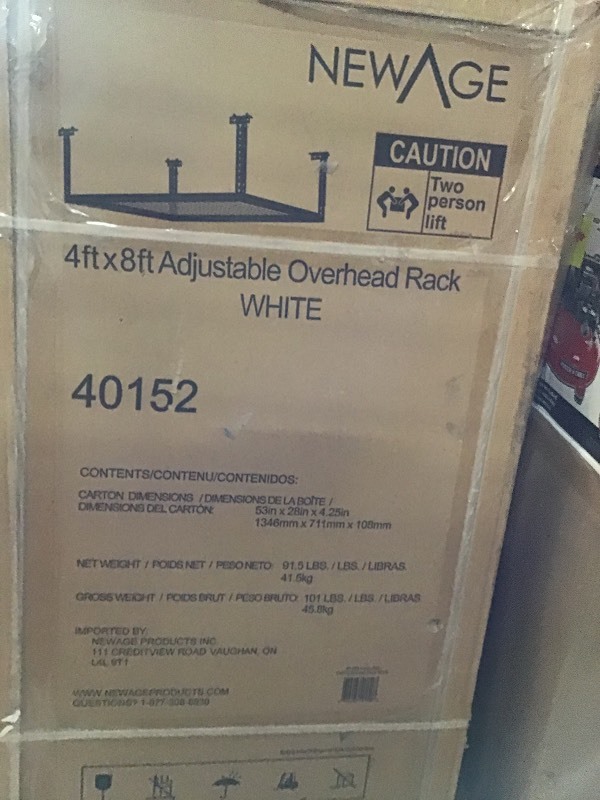 lot 113 image: Lot 2 NewAge Products Performance 96 in. L x 48 in. W x 42 in. H Adjustable VersaRac Ceiling Storage Rack in white not used qty are 2
