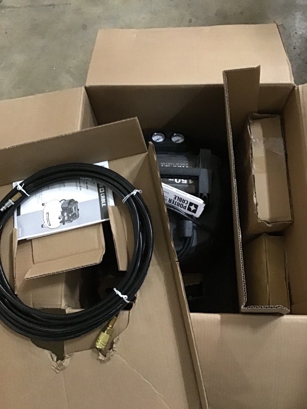 lot 115 image: Porter-Cable 6 Gal. 150 PSI Portable Electric Air Compressor, 16-Gauge Nailer, 18-Gauge Nailer and 38 in. Stapler Combo Kit (3-Tool) in good conditions